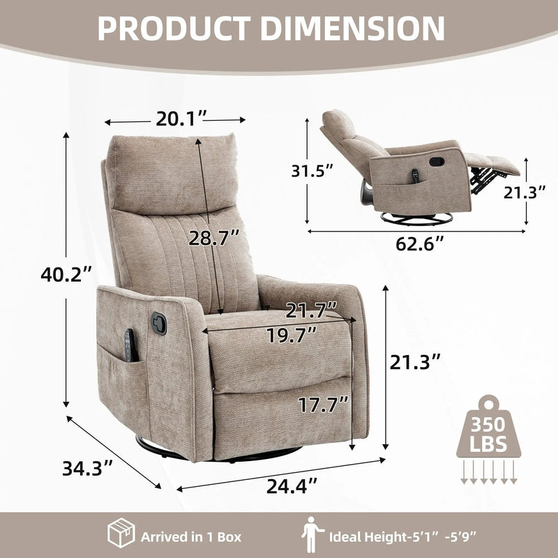 Khaki Heat Massage Manual Recliner Chair with Rocker and Swivel in Fabric for Living Room by HouseOfZazla