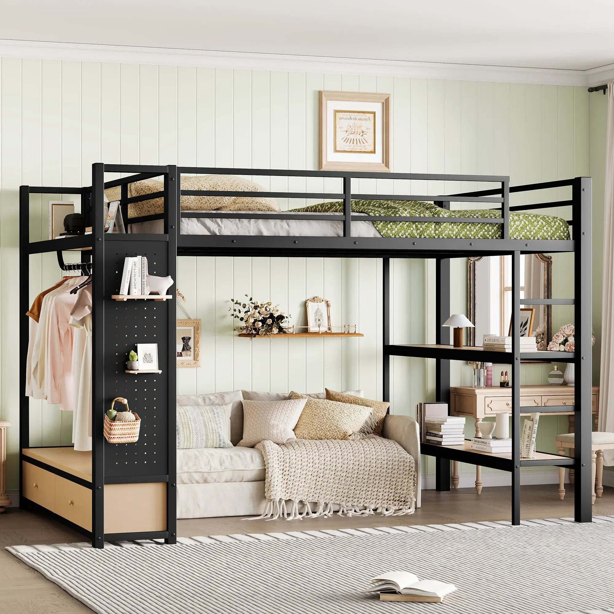 Queen Size Metal Loft Bed Frame with Wardrobe by HouseOfZazla