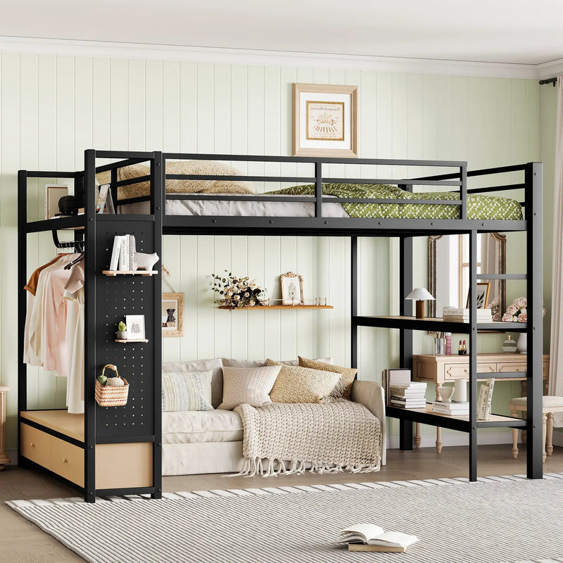 Queen Size Metal Loft Bed Frame with Wardrobe by HouseOfZazla