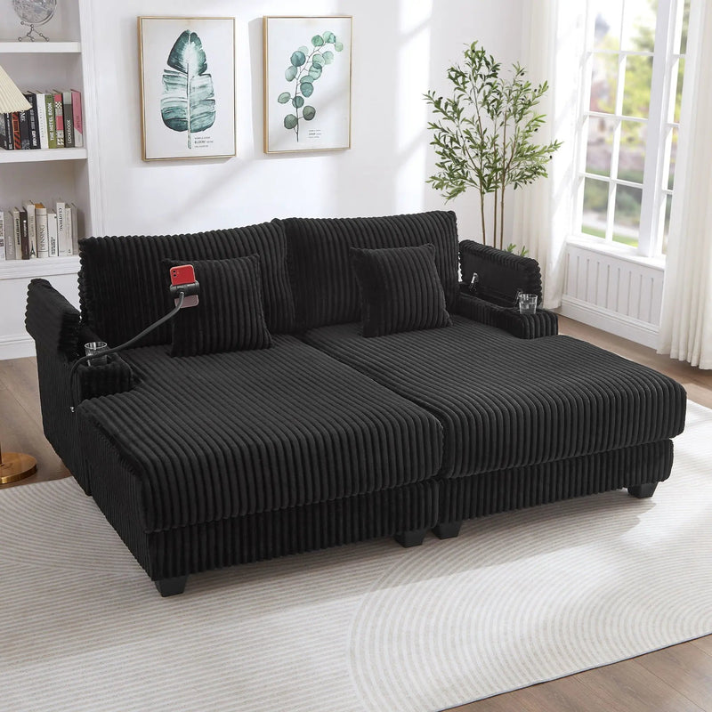 Modern Chaise Sofa With Adjustable Backrest, Cup Holders, Phone Holder & Storage Compartments by HouseOfZazla