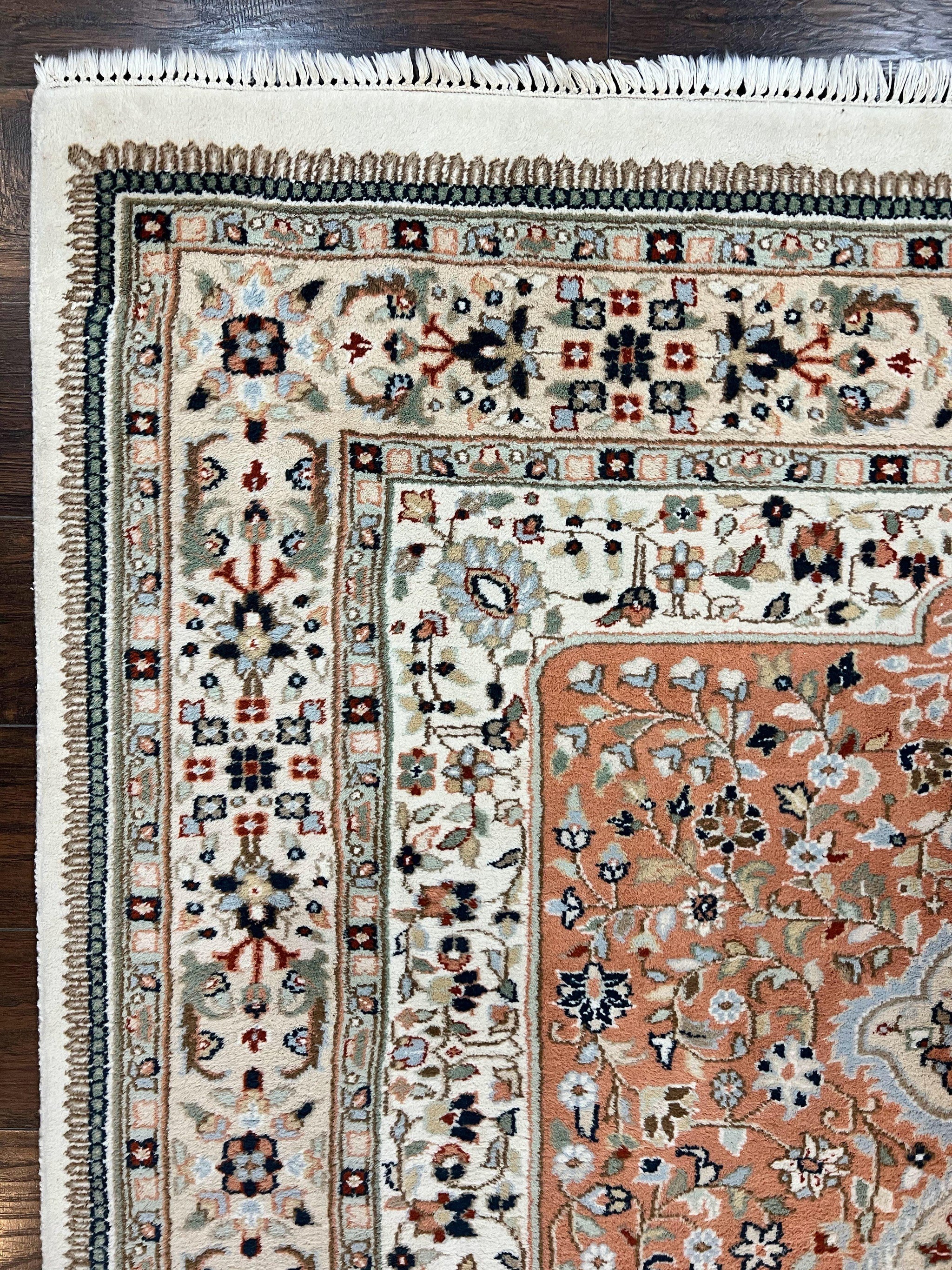 Indo Persian Rug 6x9, Wool Hand Knotted Vintage Carpet, Salmon & Ivory, Traditional Oriental Rug 6 x 9 by Jewel Rugs