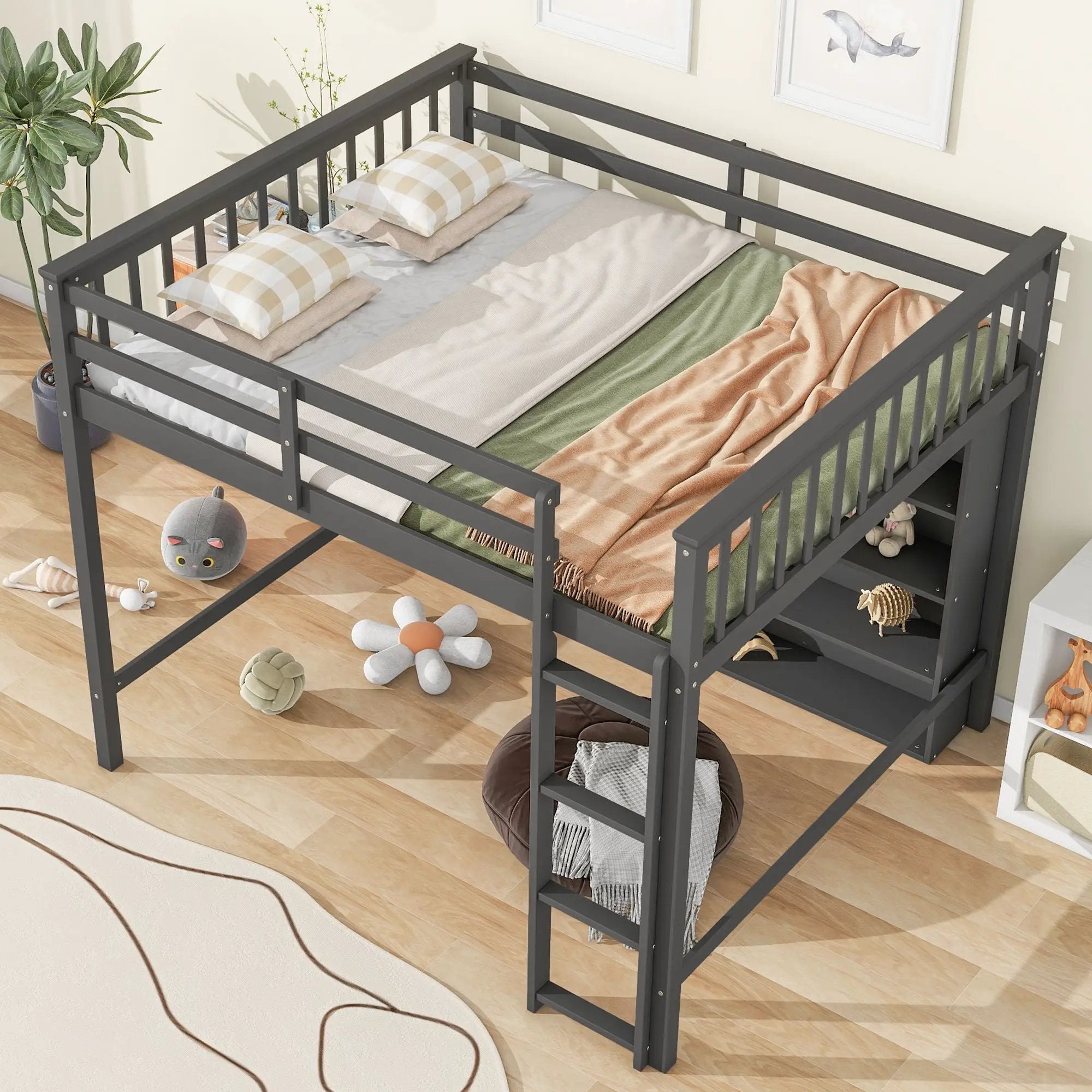 Loft Bed With 8 Open Storage Shelves And Built In Ladder by HouseOfZazla