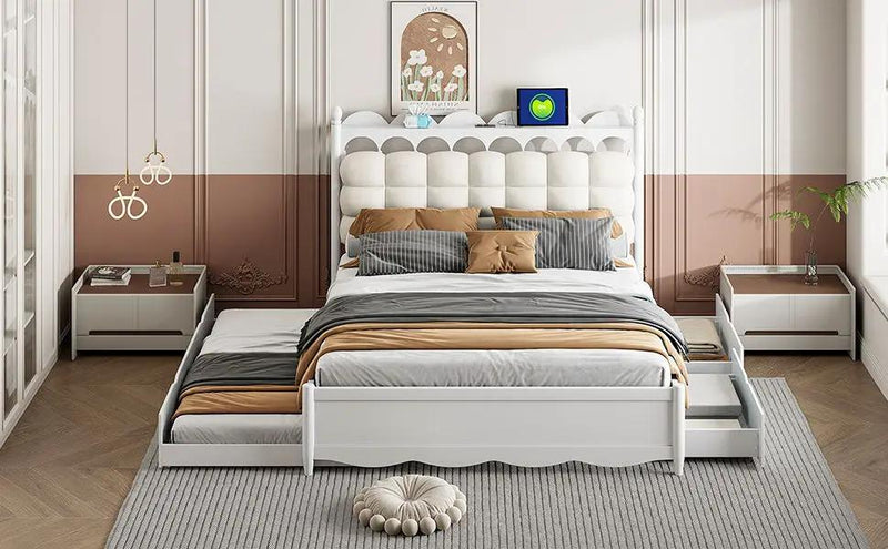 Storage Platform Bed, With 2 Big Drawers, Trundle, One Set Of Sockets & USB Ports by HouseOfZazla