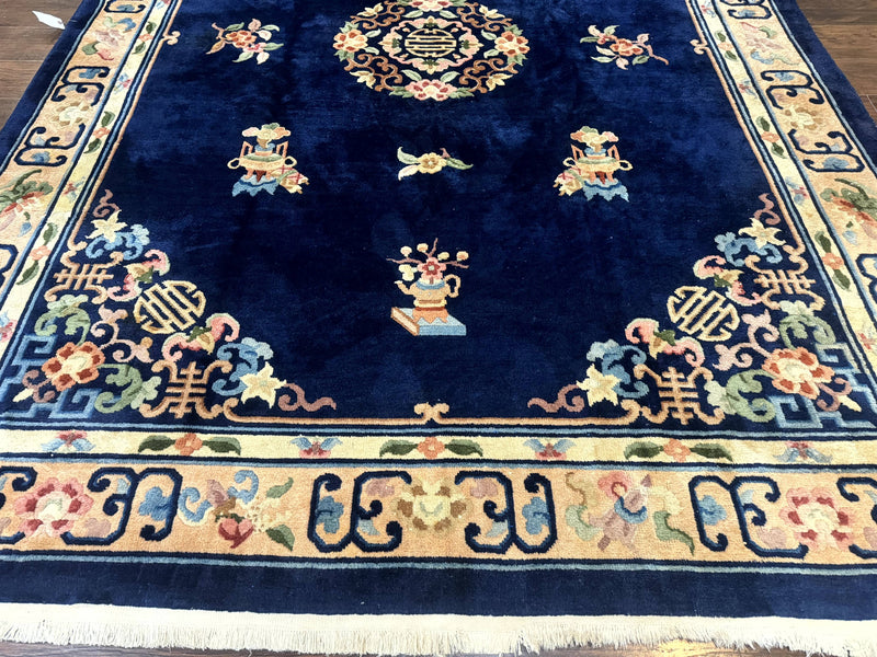 Chinese Wool Rug 8x11, Navy Blue and Beige, Simple Design, Fete Carpet by Jewel Rugs