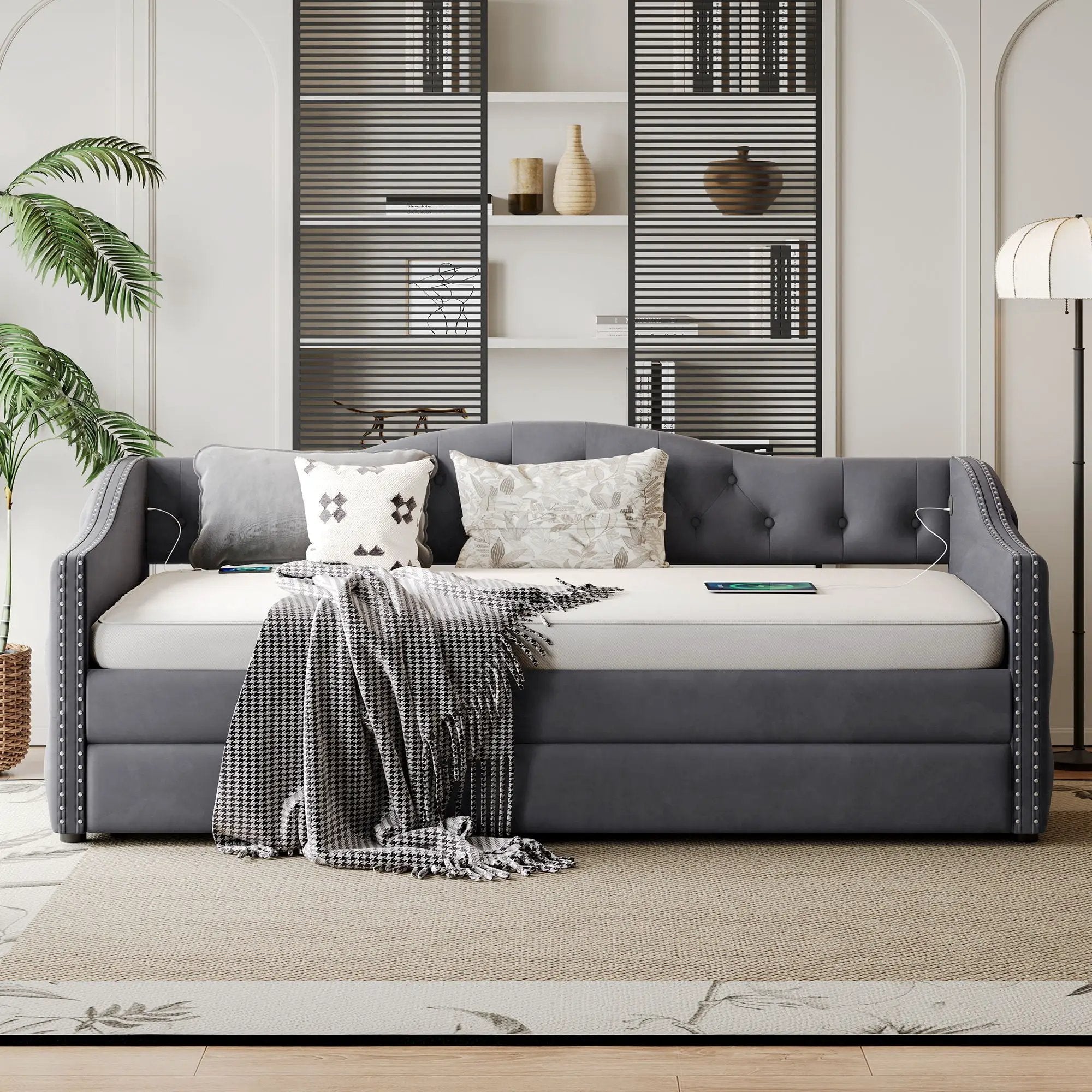 Twin Size Upholstered Daybed With Trundle And USB Charging Design For Bedroom - Gray by HouseOfZazla