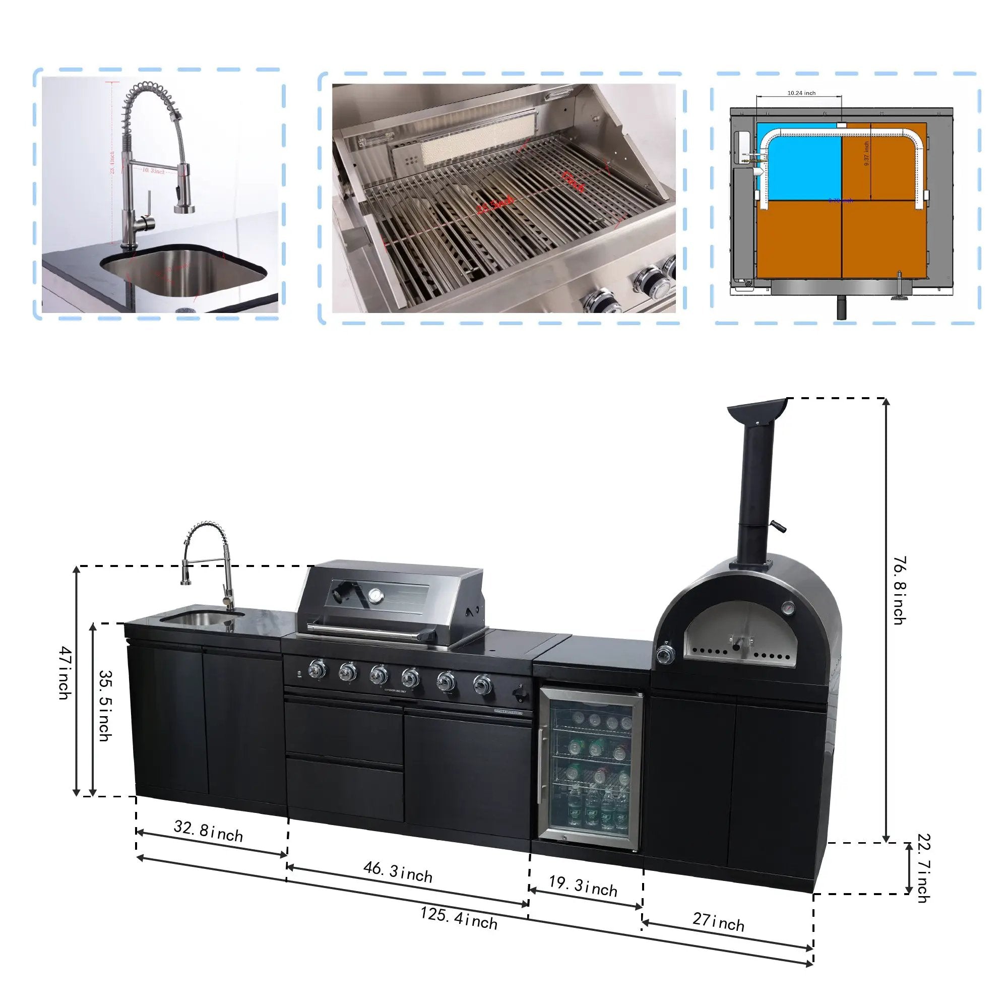 Black 125-Inch Double Stainless Steel Gas Outdoor Kitchen Barbecue Grill by HouseOfZazla
