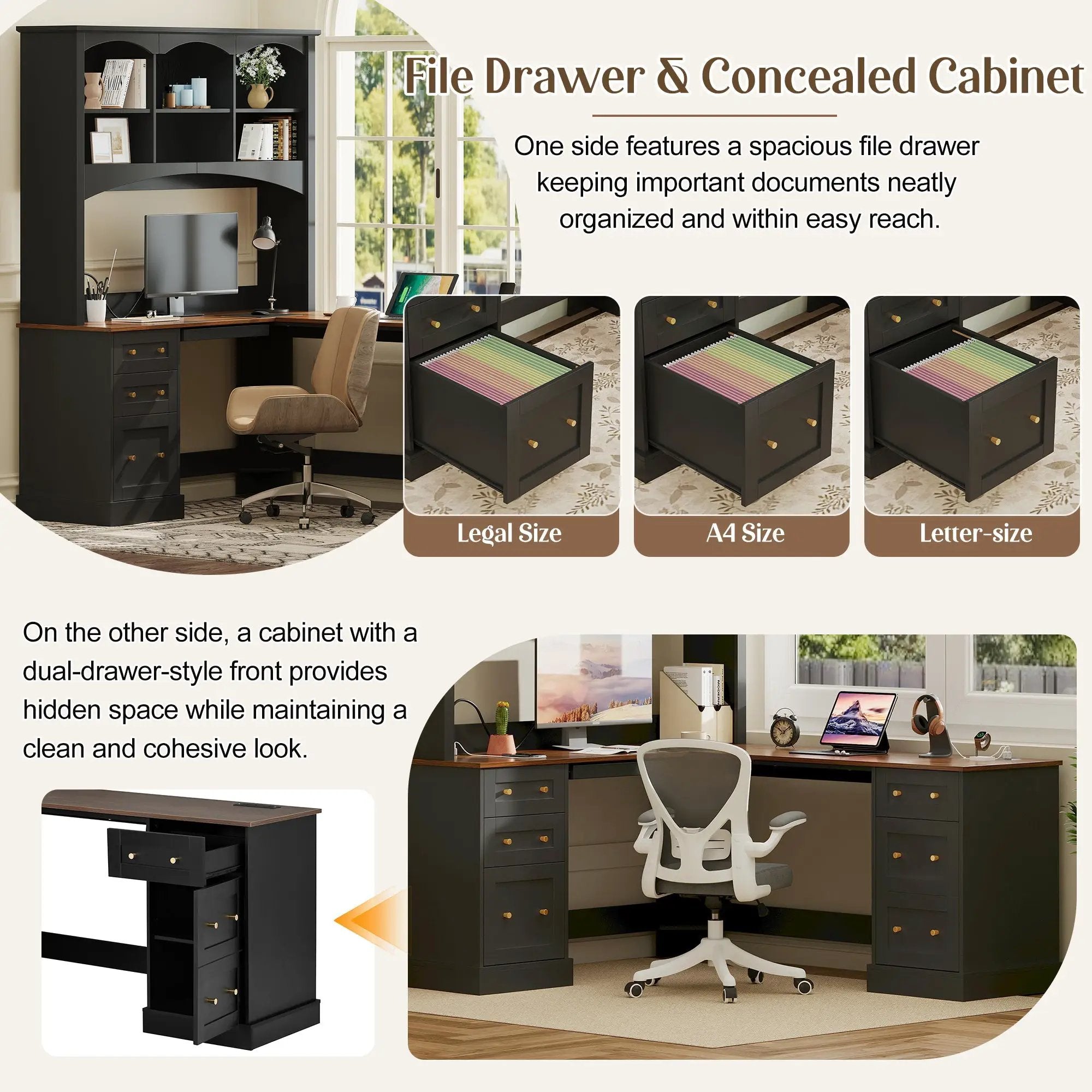 Space-Saving L-Shaped Computer Desk with Keyboard Tray & Charging Stations by HouseOfZazla