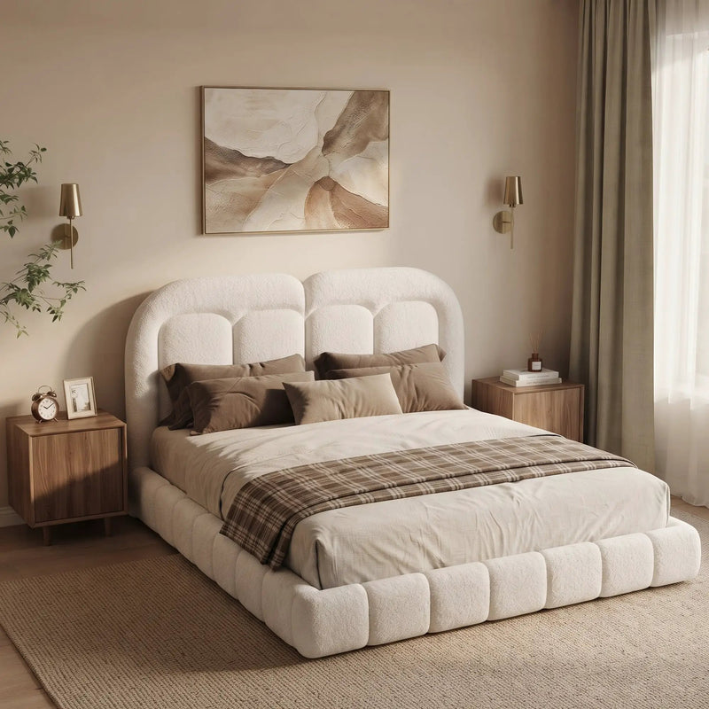 King Size Boucle Upholstered Platform Bed with Tufted Headboard by HouseOfZazla