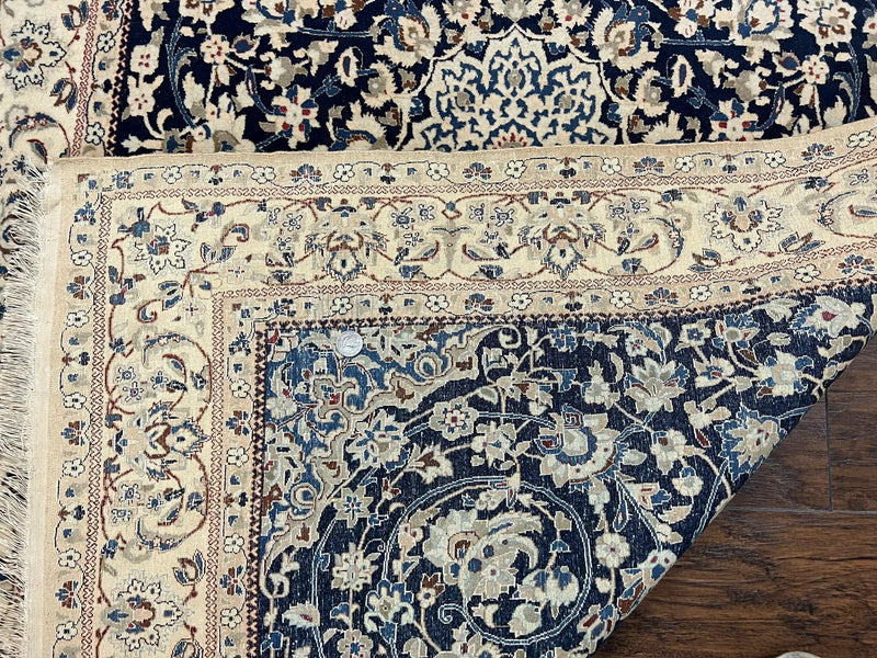 Very Fine Persian Nain Rug 3.7 x 6, Floral Medallion, Wool and Silk Accents, Highly Detailed, Hand Knotted Oriental Carpet, Navy Blue Ivory/Cream by Jewel Rugs