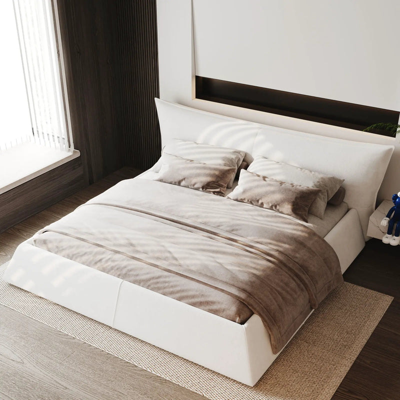 King Size Platform Bed With Special-Shaped Headboard - Cream by HouseOfZazla