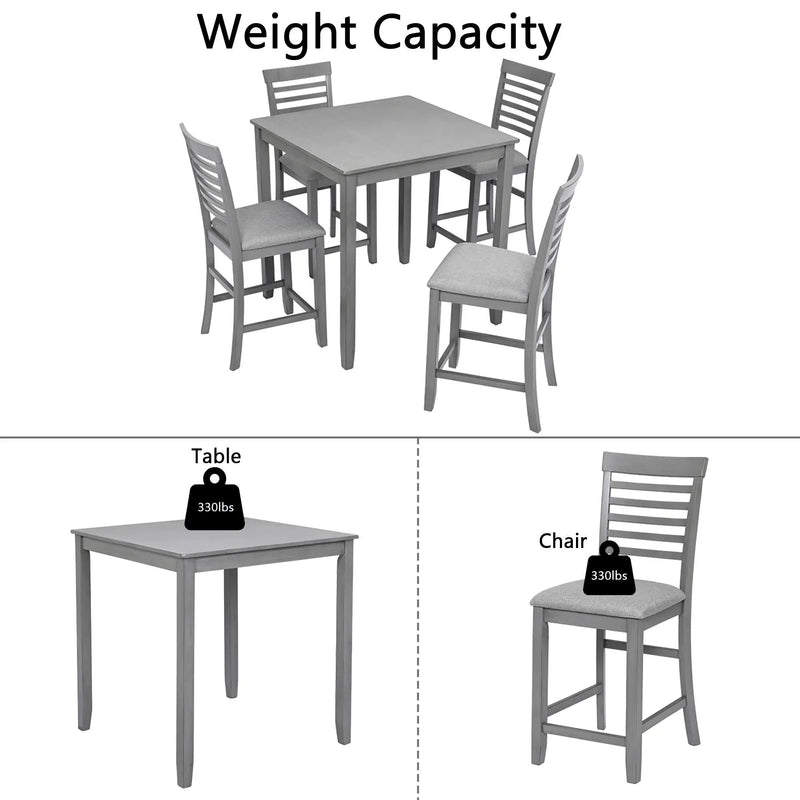 5 Piece Dining Table Set, Wooden Dining Square Table Set For 4, Counter Height Kitchen Table Set With Square Table And 4 Upholstered Chairs - Gray by HouseOfZazla