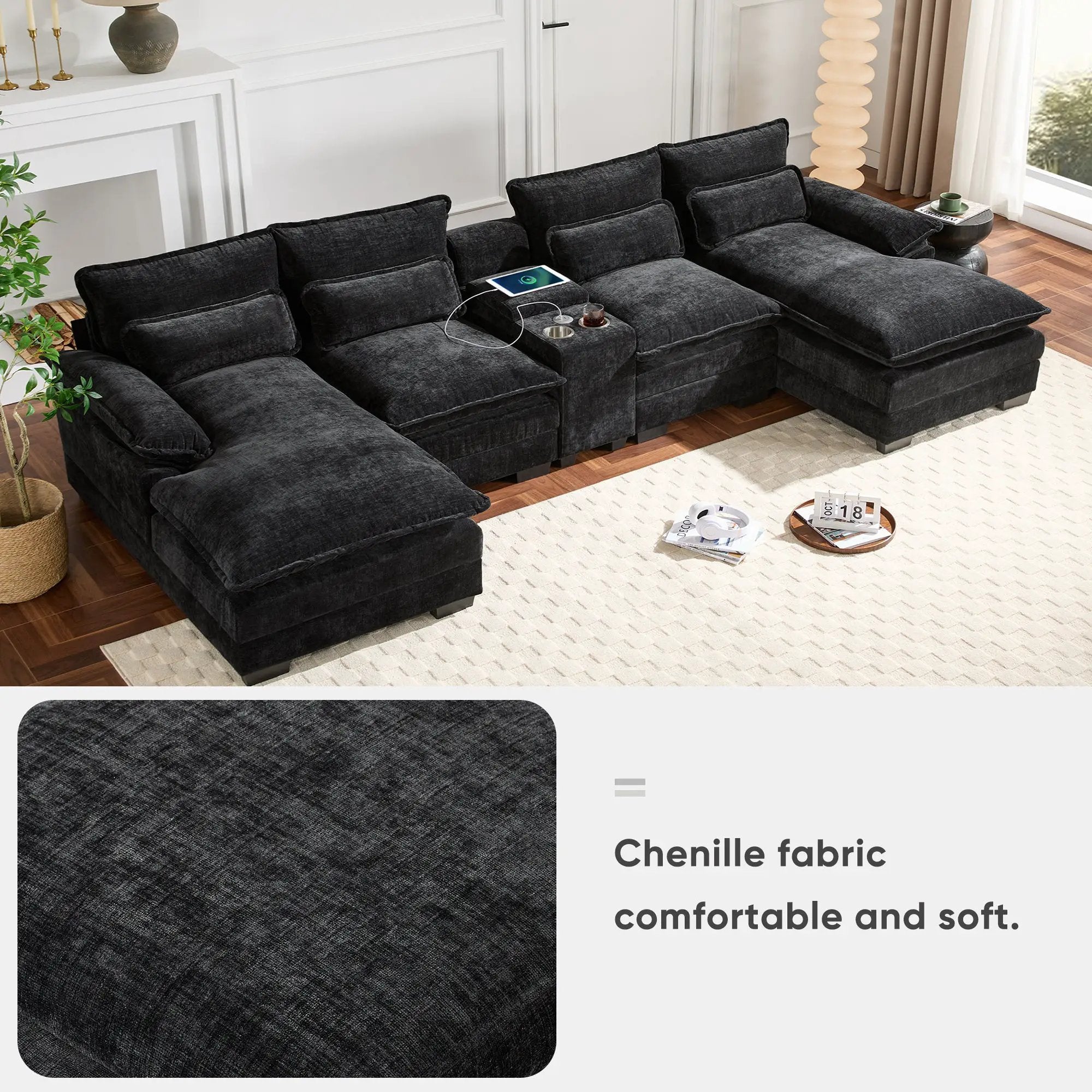 Modern U-Shaped Sectional Sofa with Console and USB Charger by HouseOfZazla