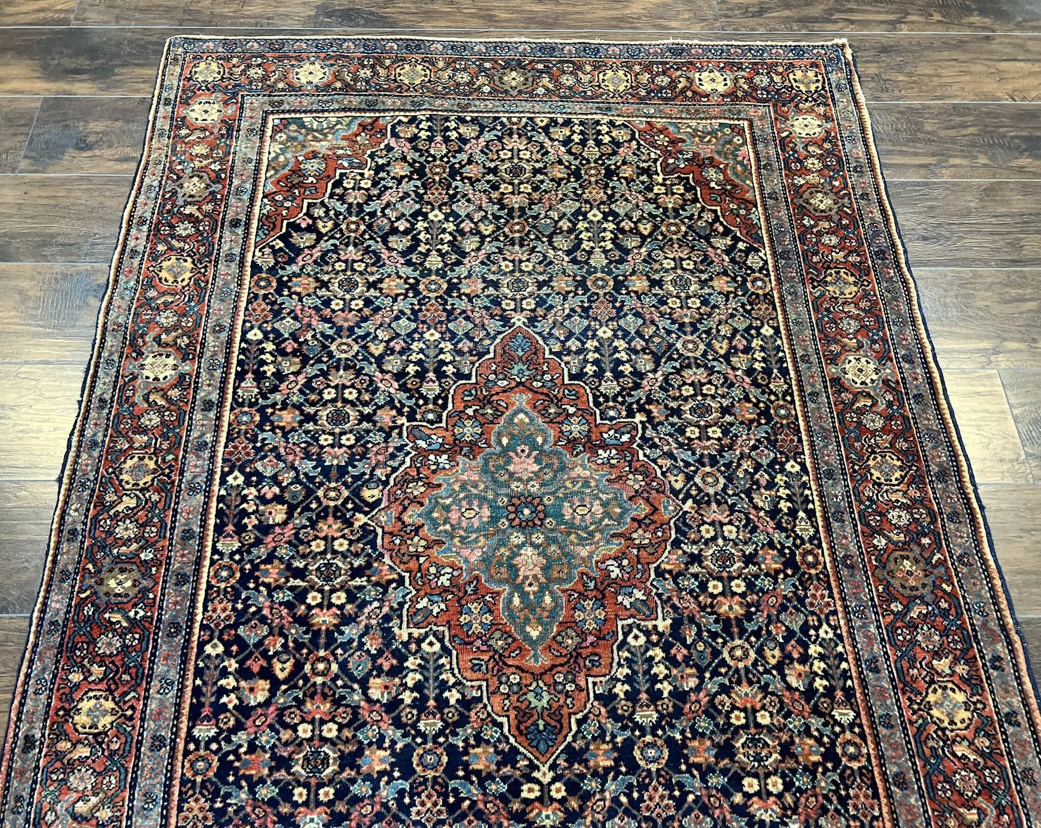 Persian Rug 4x7 Antique Sarouk Farahan Carpet, Navy Blue and Red Wool Rug by Jewel Rugs
