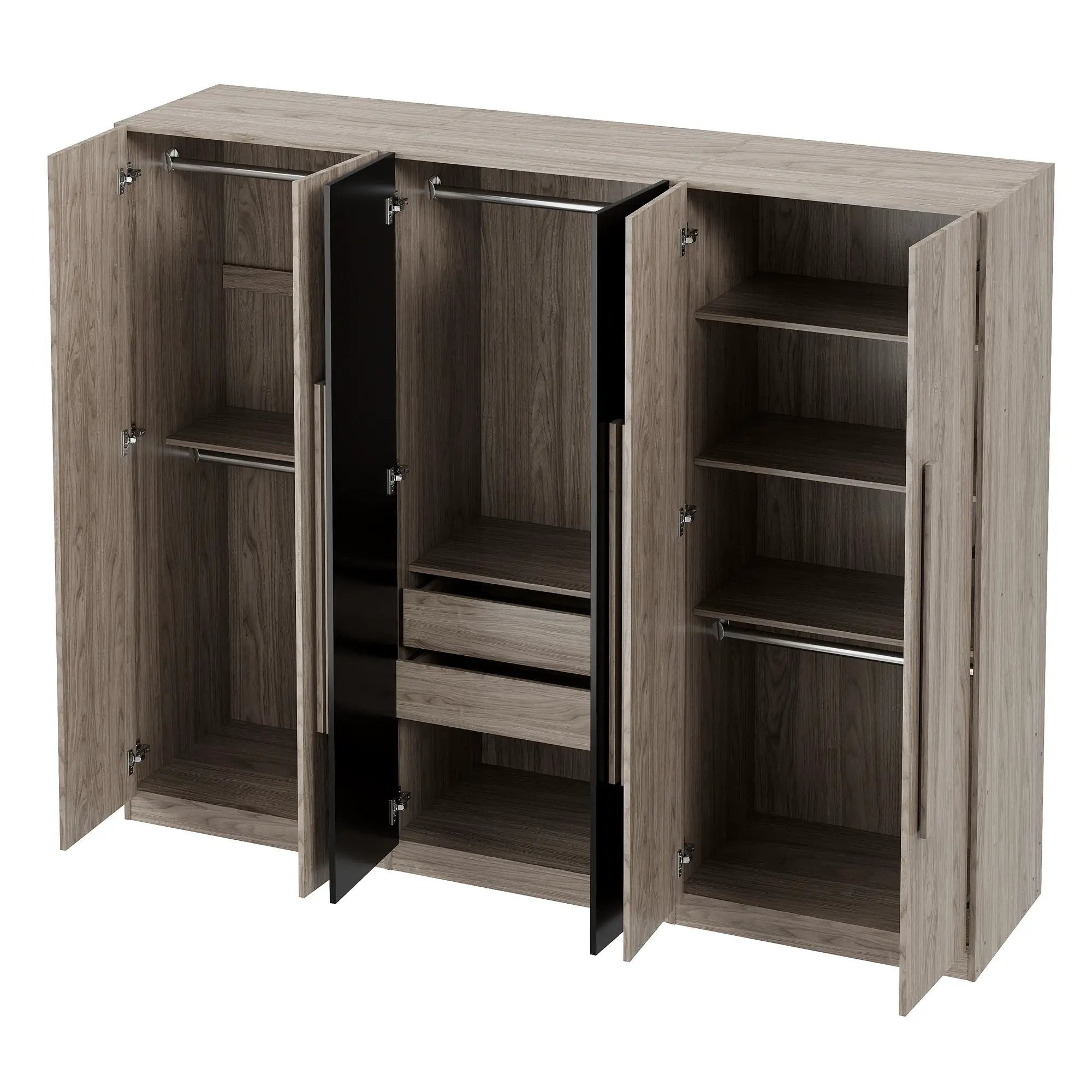 6 Doors Wardrobe Storage For Bedroom, With 2 Drawers Inside - Black / Nature by Unique Piece Furniture