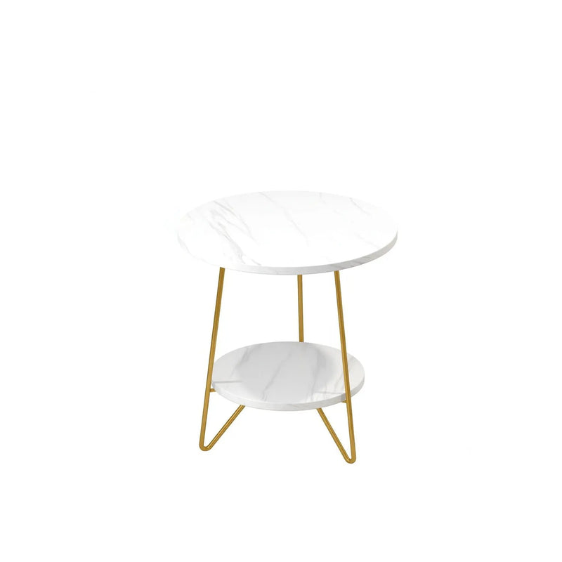 Round End Table With Hairpin Legs, 2 Tier For Living Room - White / Gold by HouseOfZazla