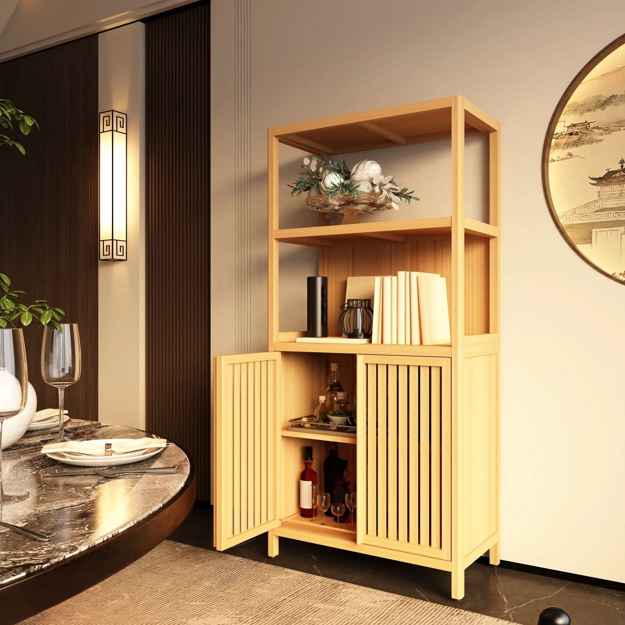 Neutral - Bamboo Storage Cabinet Freestanding With 2 Doors For Bathroom, Living Room, Kitchen, And Entryway - Neutral by HouseOfZazla