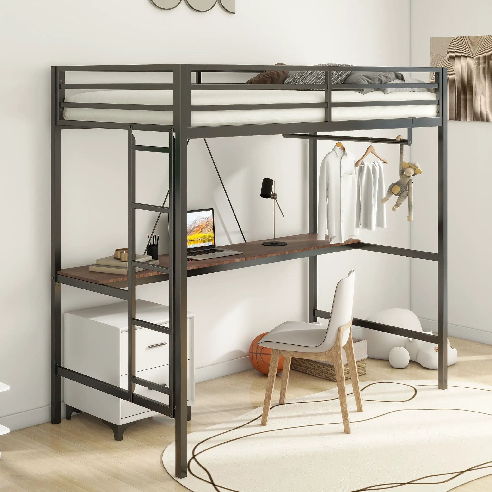 Adam - Twin Loft Bunk Bed With Cinnamon Wood Desk And Closet Rod - Black by Unique Piece Furniture
