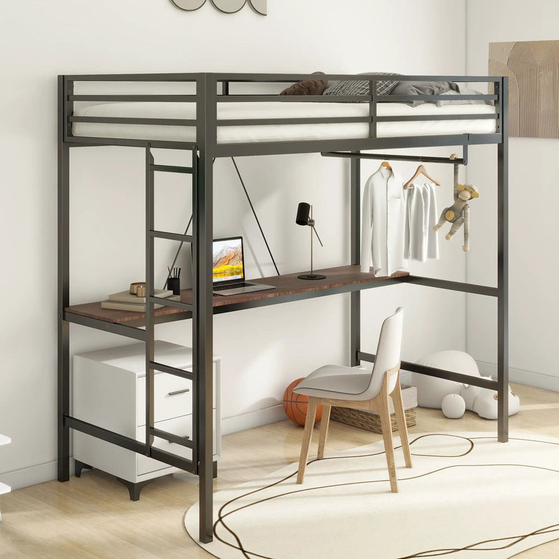 Adam - Twin Loft Bunk Bed With Cinnamon Wood Desk And Closet Rod - Black by HouseOfZazla