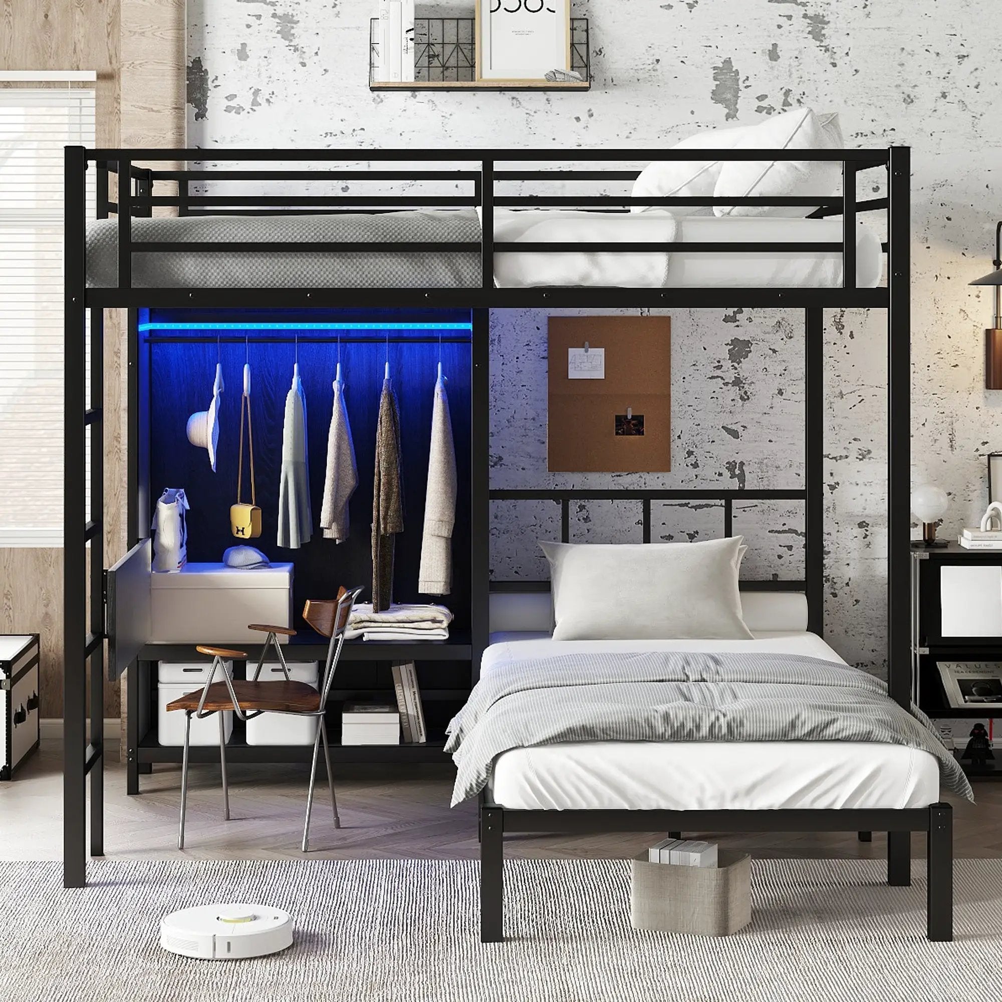 Full XL Over Twin Metal Bunk Bed with Folding Desk and Closet by HouseOfZazla