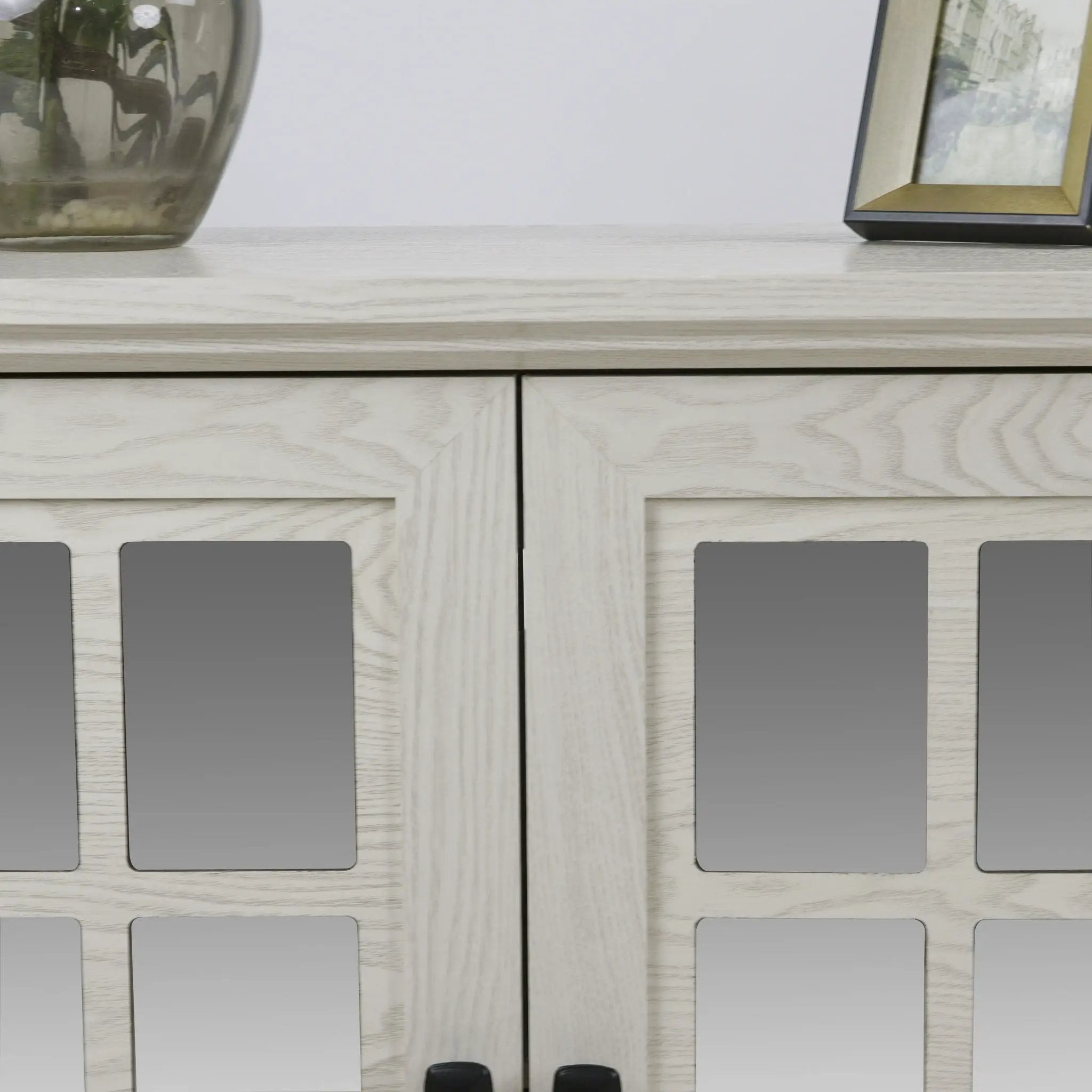 Sideboard Cabinet With Mirrored Doors, Adjustable Shelf, Metal Handles