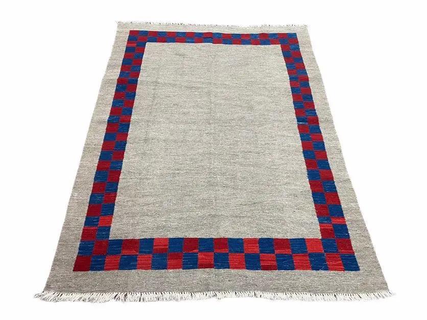 5' 7" x 7' 9" Geometric Kilim Carpet, Gray, Handmade, Hand-Knotted Area Rug, Blue & Red, Flatweave, Wool, New, Checkerboard Pattern by Jewel Rugs