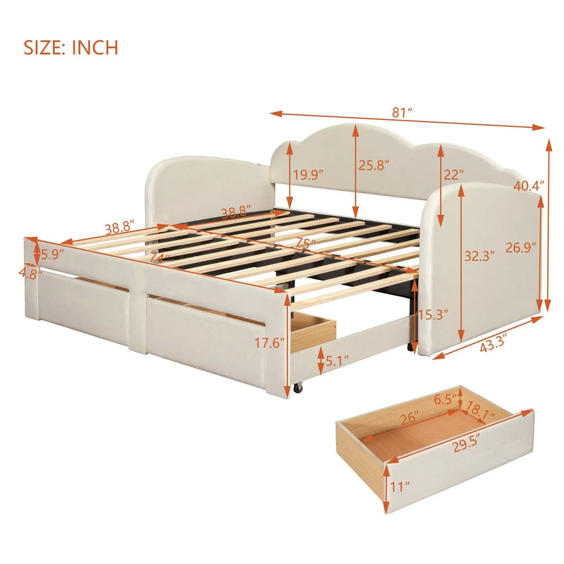 Upholstered Daybed With Cloud-Shaped Backrest, Trundle & 2 Drawers And USB Ports by HouseOfZazla