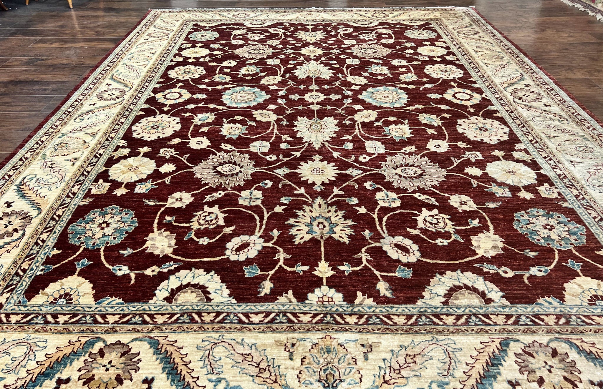 Peshawar Rug 9x11, Pakistani Oriental Carpet, Maroon and Beige, Floral Allover, Wool Hand Knotted Handmade Vintage Rug by Jewel Rugs