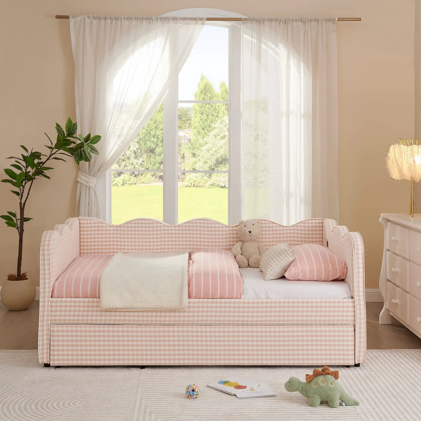 Gingham Daybed With USB Charging Port, Wave Shaped Design by HouseOfZazla