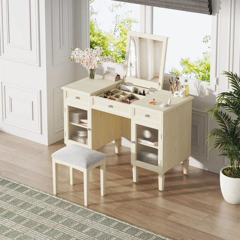 Multi Functional 2 In 1 Vanity Desk With Flip Top Mirror Material - White Oak by Unique Piece Furniture