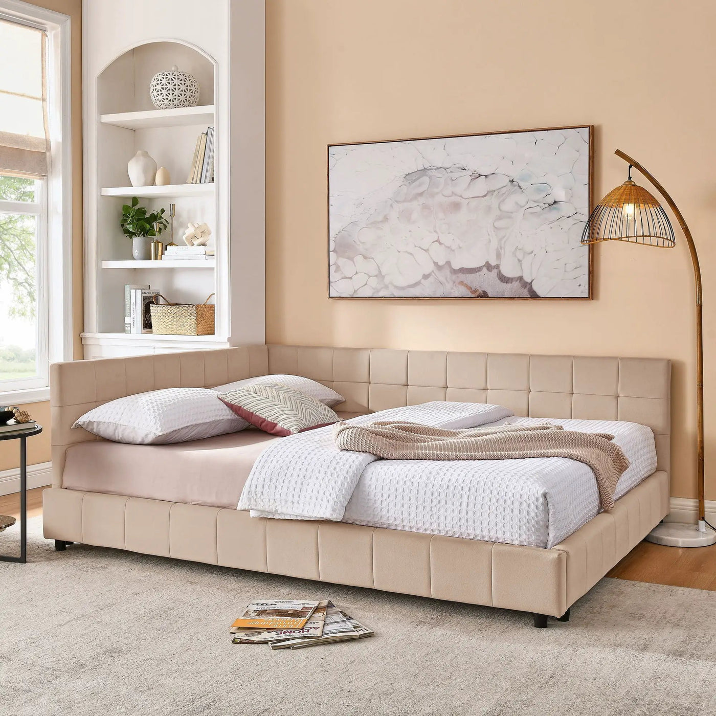 Mid-Century Storage Upholstered Tufted Bed Frame With Backrest And Armrests by Unique Piece Furniture