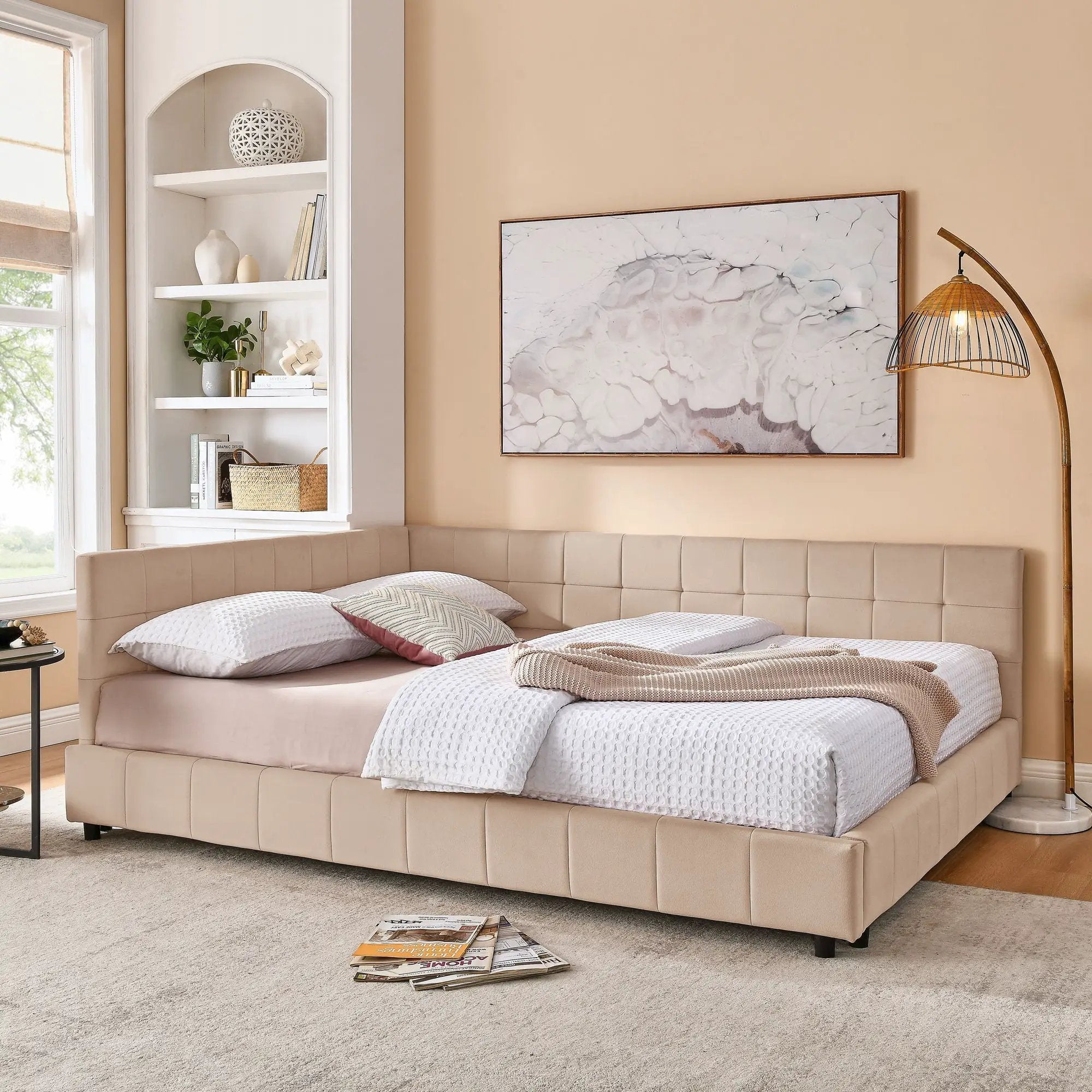 Mid-Century Storage Upholstered Tufted Bed Frame With Backrest And Armrests by Unique Piece Furniture