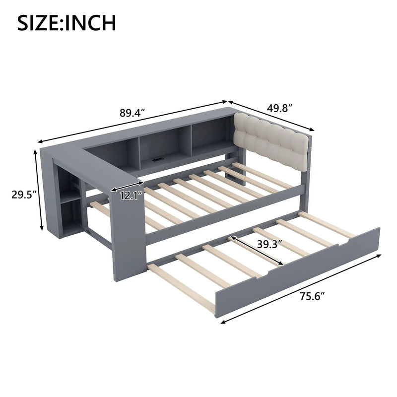 Upholstered Headboard Platform Bed with Storage Shelves, Trundle, and Charging Station by HouseOfZazla