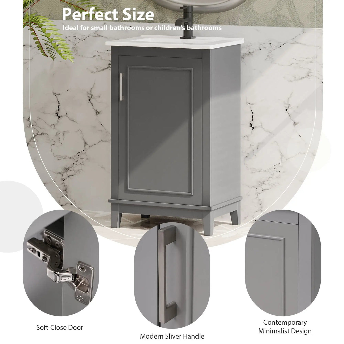 Modern Small Bathroom Vanity Cabinet With Ceramic Basin, Ample Storage, 1 Soft Close Door by Unique Piece Furniture