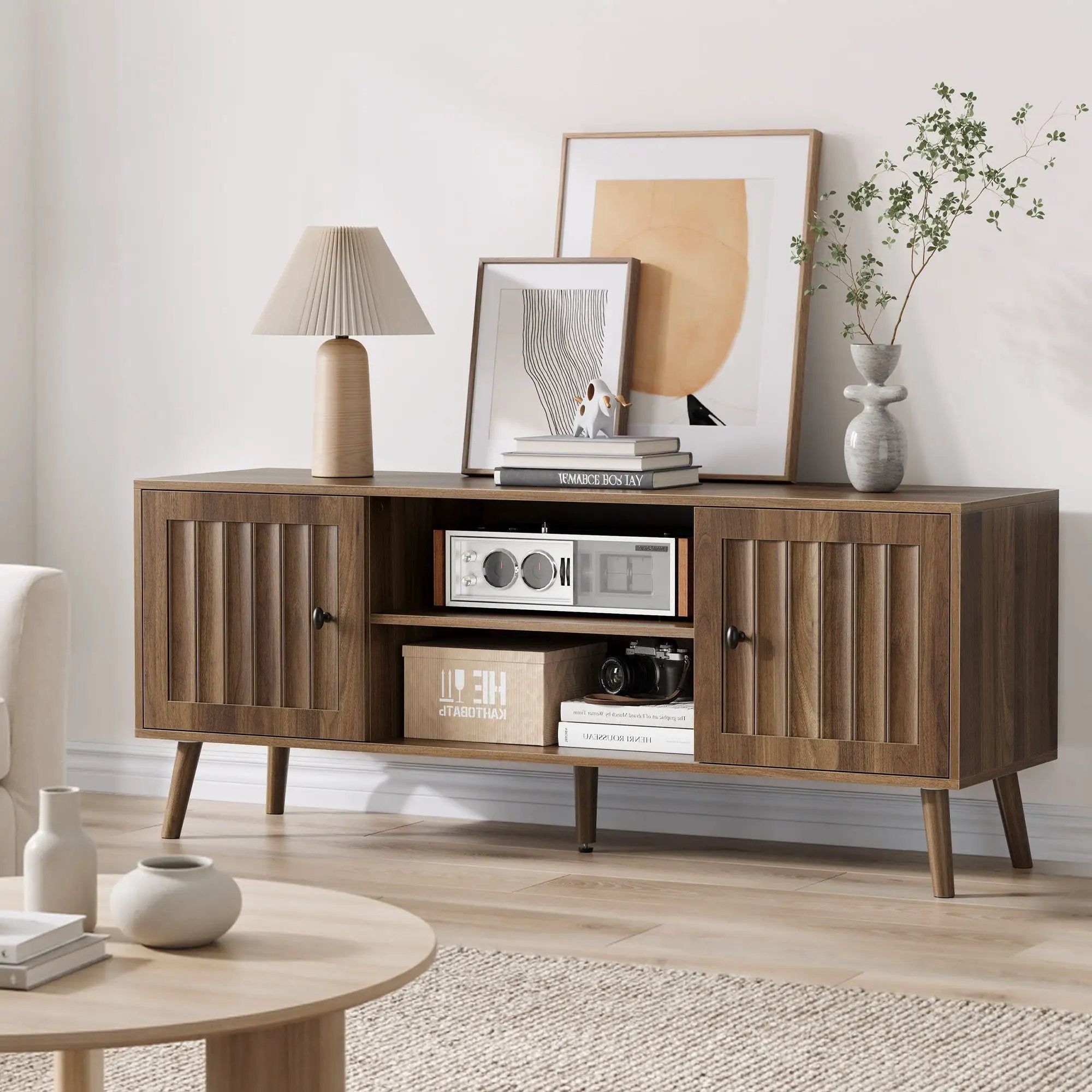 55" TV Cabinet With Vertical Groove Doors, Adjustable Shelves - Walnut by Unique Piece Furniture