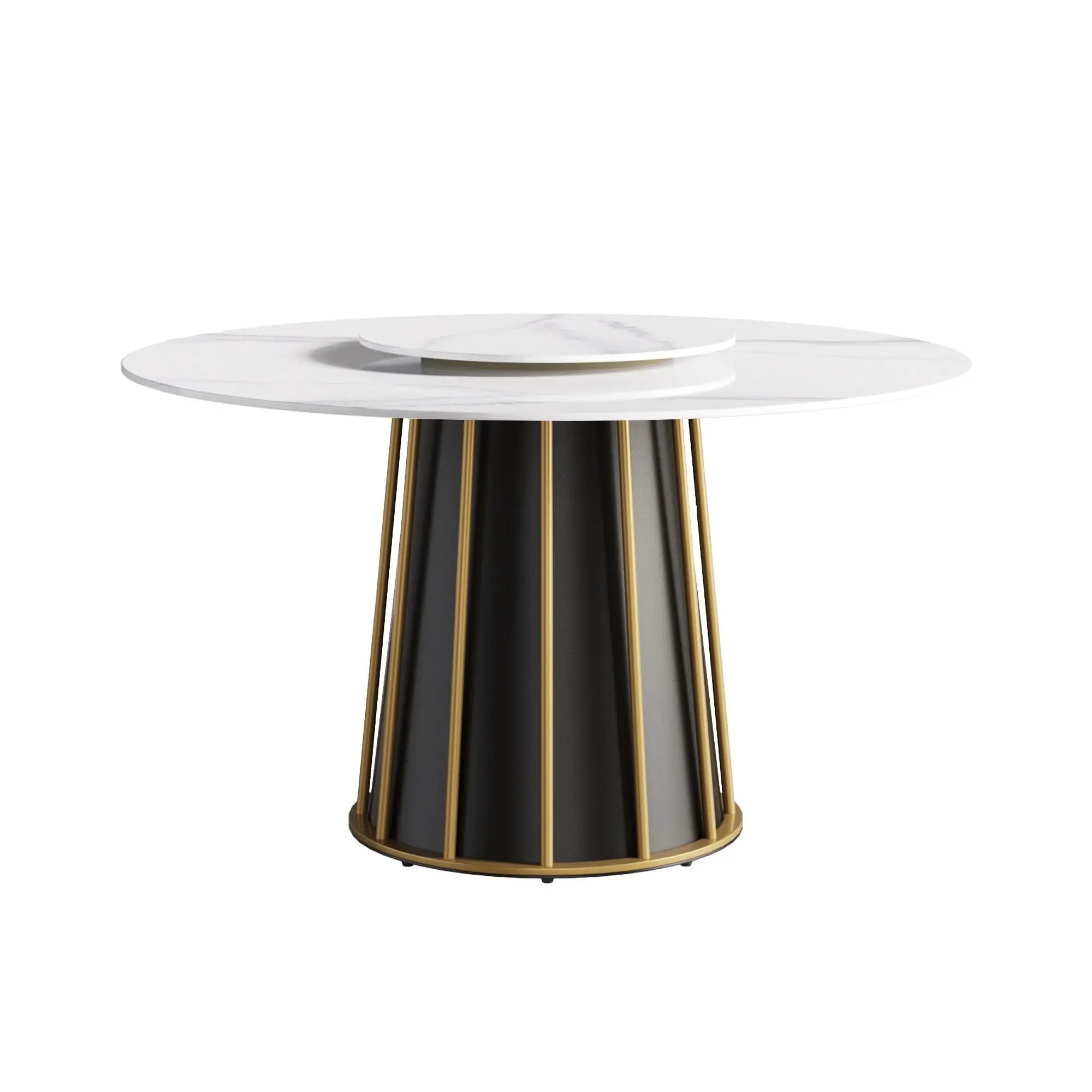 53.15" Modern Artificial Stone Round Panel Metal Iron Base Dining Table, Can Accommodate 6 People-23.62" Artificial Stone Turntable (Not Including Chairs) - White / Black by HouseOfZazla
