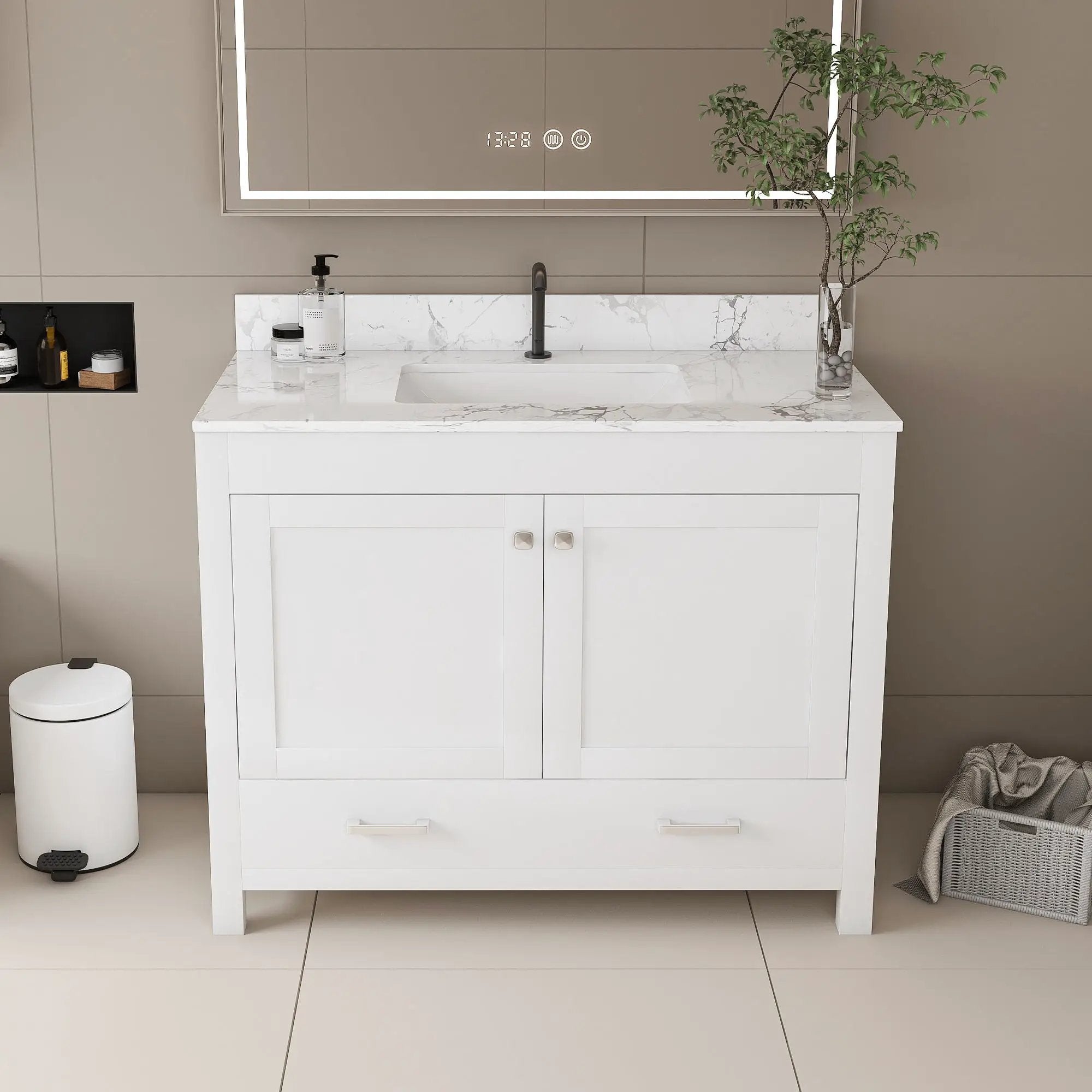 43" Bathroom Vanity With Artificial Marble Carrara Top Set, Multi Functional Cabinet With Doors And Drawer - White by Unique Piece Furniture