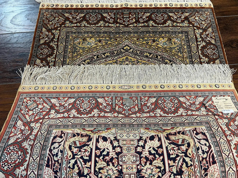 Turkish Silk Hereke Rug 2x3, Floral Vase Tree of Life Birds, Silk Pile on Silk Foundation, Vintage Oriental Carpet, Very Fine, Signature by Jewel Rugs