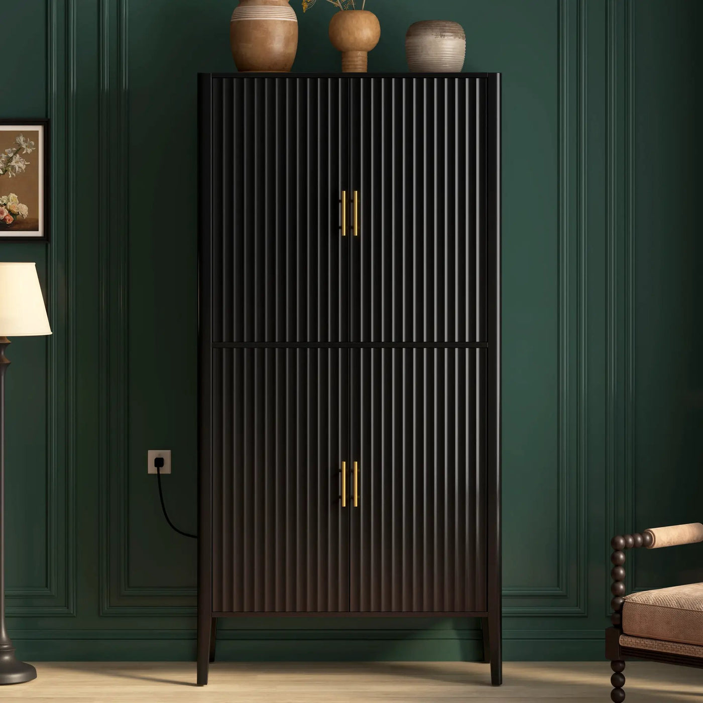 U_STYLE Modern Fluted Wine Cabinet with Glass Display & Stemware Rack by HouseOfZazla