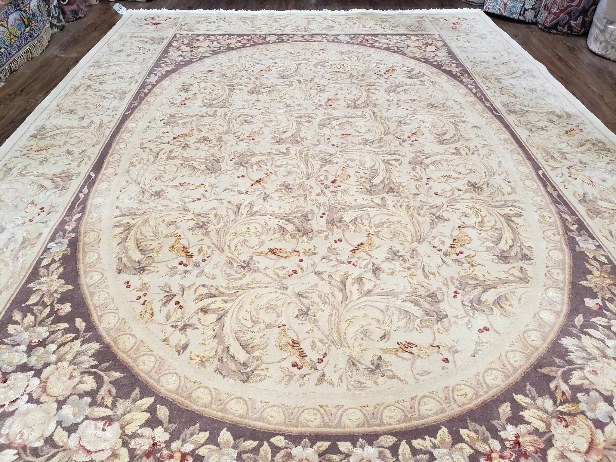 Chinese Aubusson Savonnerie Area Rug 8x12, Vintage 120 Line Carpet, Wool and Silk Hand-Knotted, Birds Flowers Master Weaver Signature by Jewel Rugs