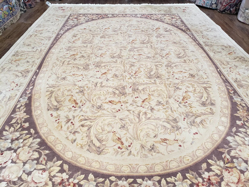 Chinese Aubusson Savonnerie Area Rug 8x12, Vintage 120 Line Carpet, Wool and Silk Hand-Knotted, Birds Flowers Master Weaver Signature by Jewel Rugs