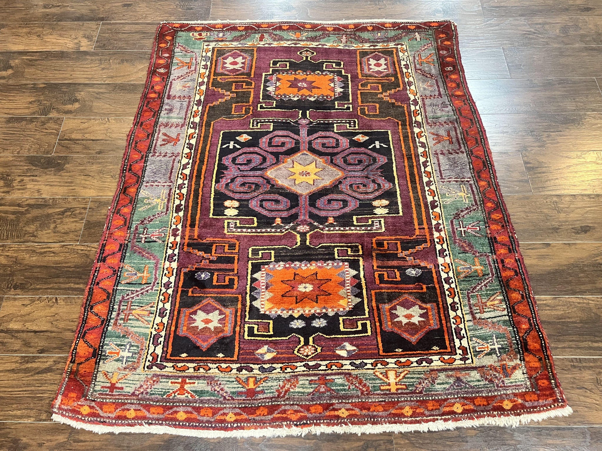 Persian Tribal Rug 5x6, Persian Nahavand Rug, Purple, Geometric Vintage Wool Handmade Carpet by Jewel Rugs