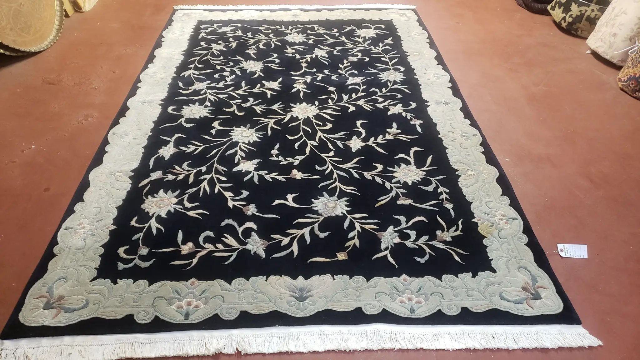 6x9 Vintage Black Gray Chinese Rug 120 Lines Wool Carpet Floral Design Hand-Knotted Soft Pile Entryway Rug Foyer Rug Nice by Jewel Rugs