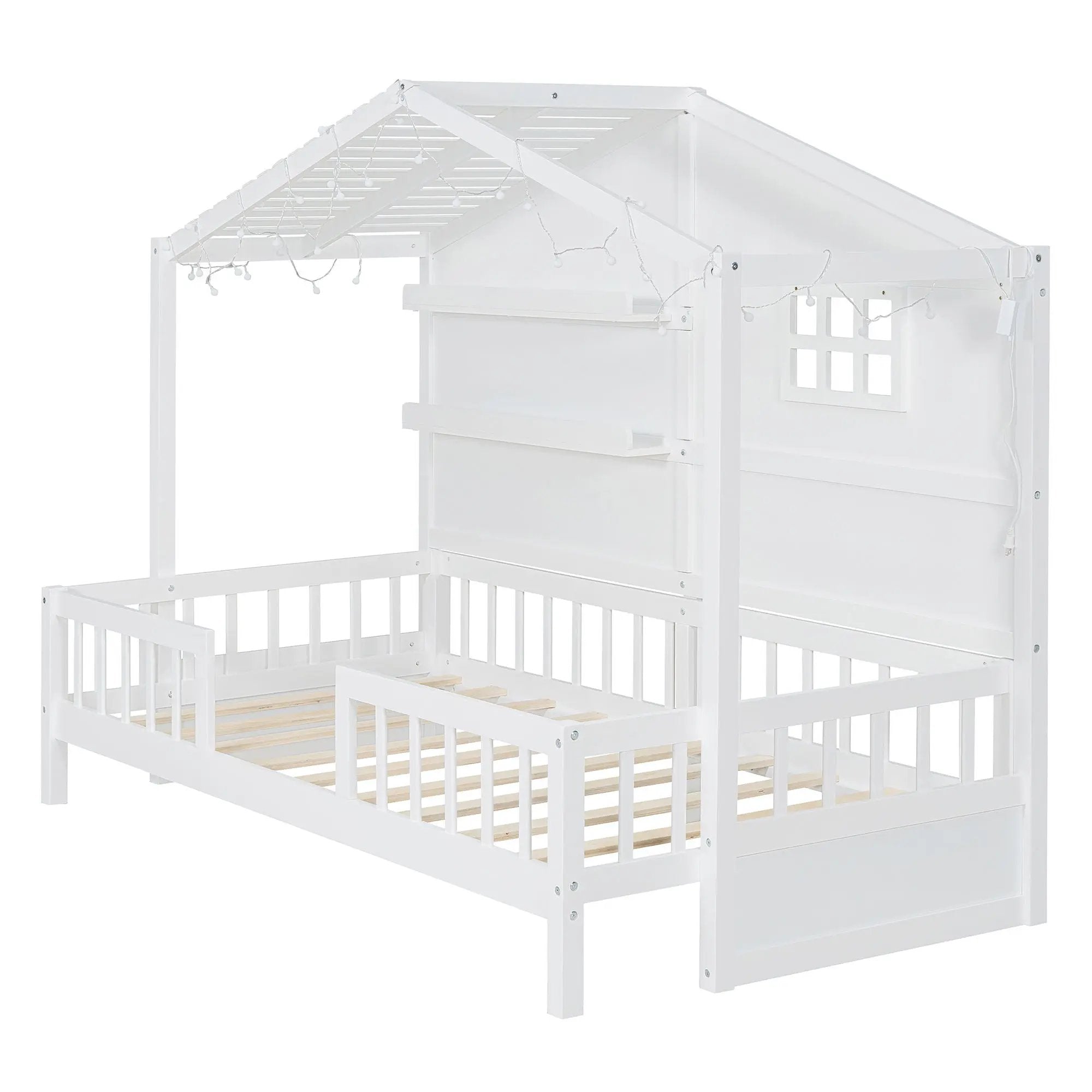 House Bed With Shelves, Window And Sparkling Light Strip On The Roof by HouseOfZazla