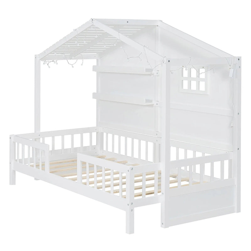 House Bed With Shelves, Window And Sparkling Light Strip On The Roof by HouseOfZazla