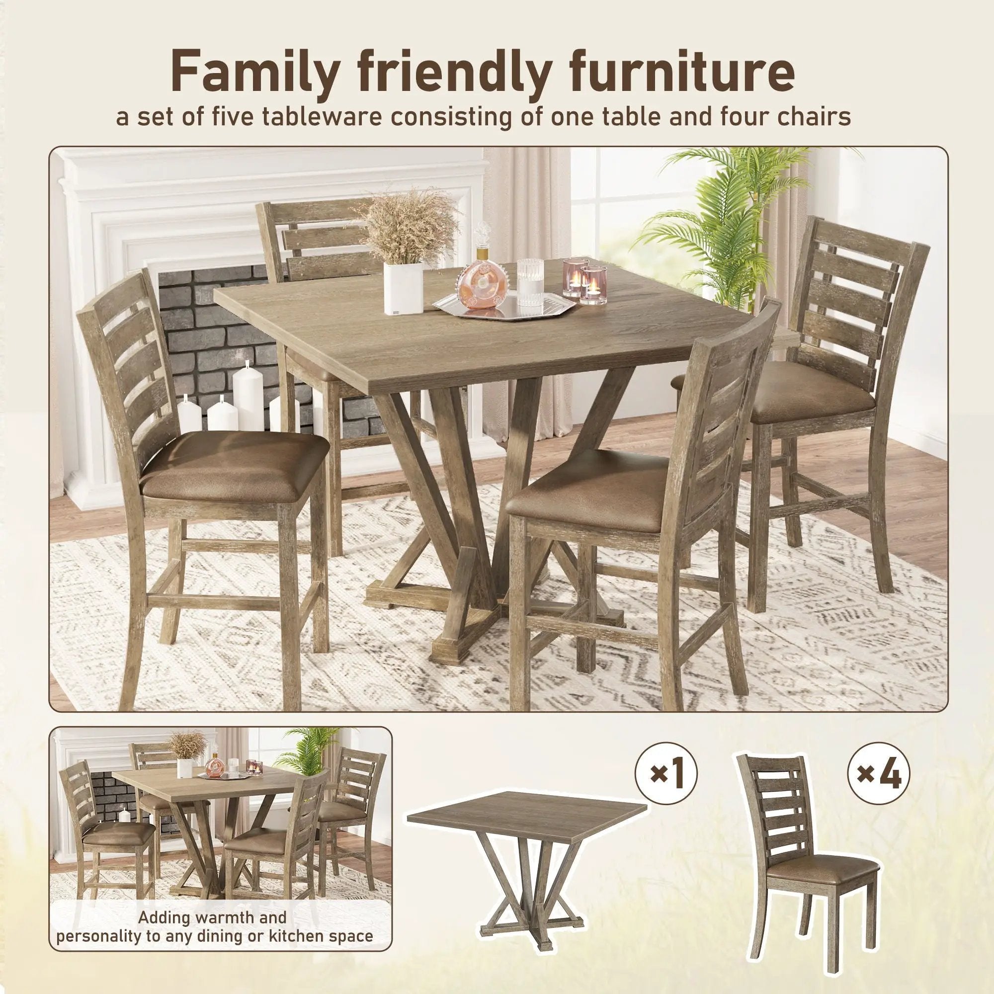 5 Pieces Set Counter Table Set Square Counter Table Solid Wood Modern Farmhouse Rustic Look Distressed Look - Grayish Brown by Unique Piece Furniture