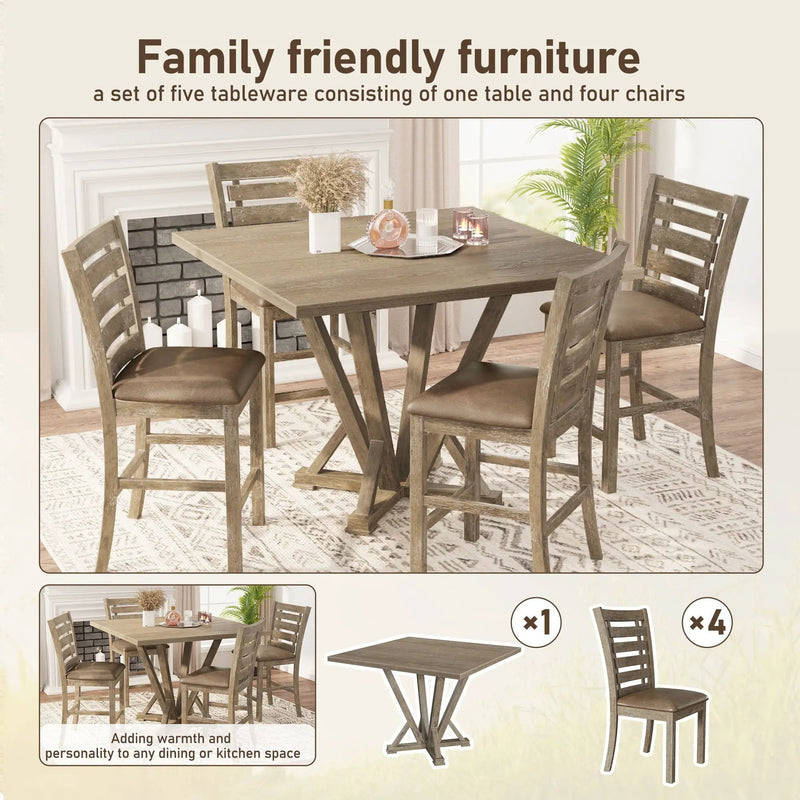 5 Pieces Set Counter Table Set Square Counter Table Solid Wood Modern Farmhouse Rustic Look Distressed Look - Grayish Brown by HouseOfZazla