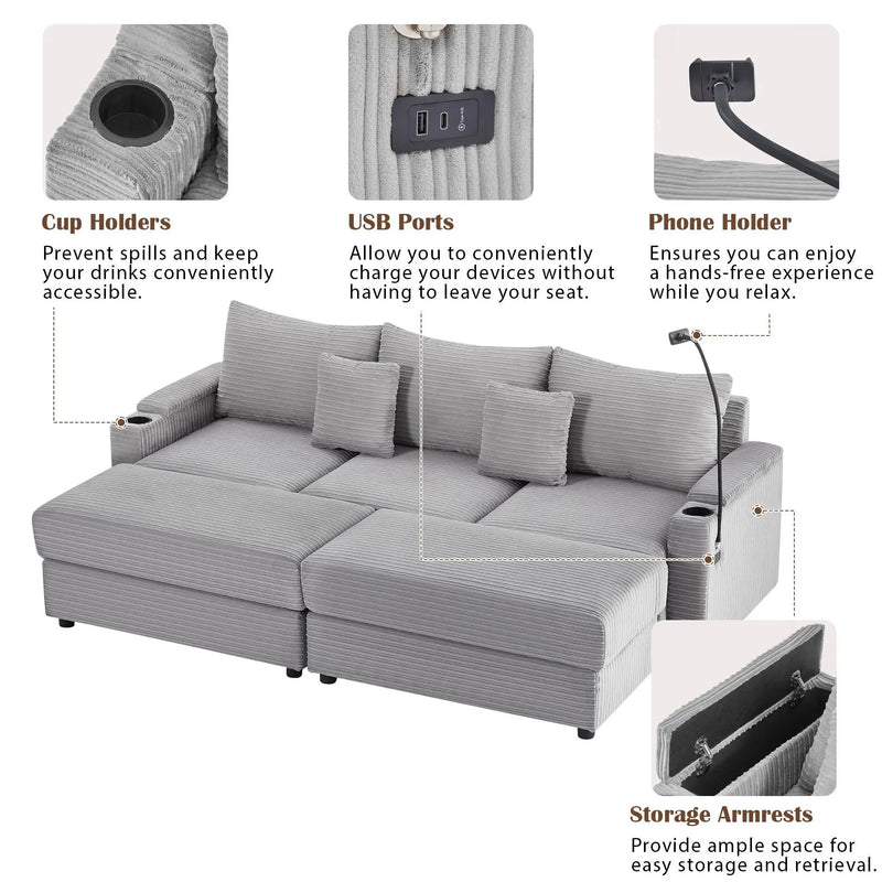 Modern Style Loveseat Sofa Sectional Sofa Couch With Storage Space, A Movable Ottoman, Two USB Ports, Two Cup Holders, A Phone Holder For Living Room by HouseOfZazla
