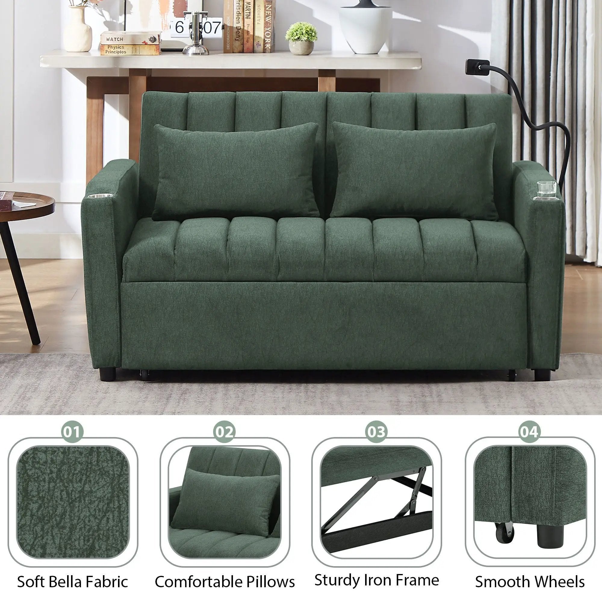 Convertible Sofa Bed Loveseat Sofa With Three USB Ports, Two Side Pockets, Two Cup Holders And 360° swivel Phone Holder For Living Room by HouseOfZazla