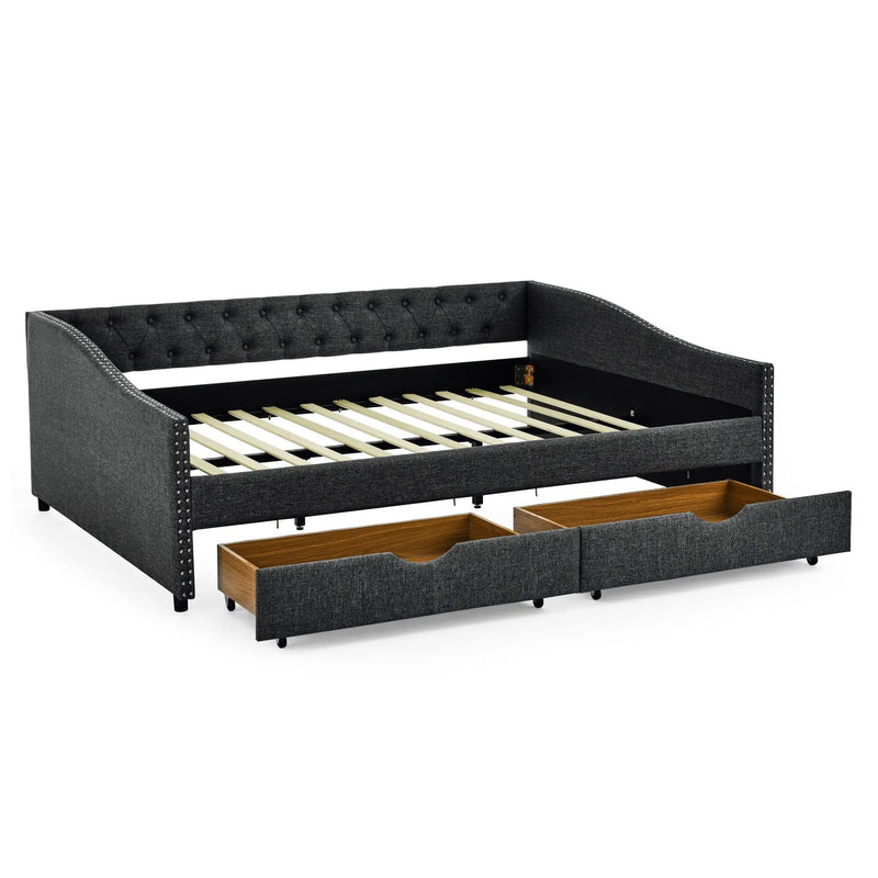 Upholstered Tufted Daybed With 2 Drawers, Waved Arms by Unique Piece Furniture