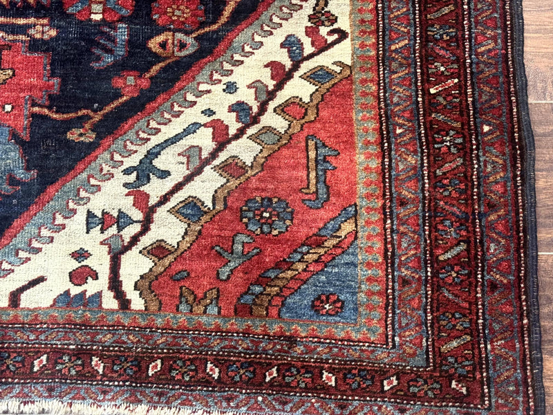 Antique Persian Bidjar Rug 5x6, Navy Blue and Red, Persian Tribal Rug by Jewel Rugs